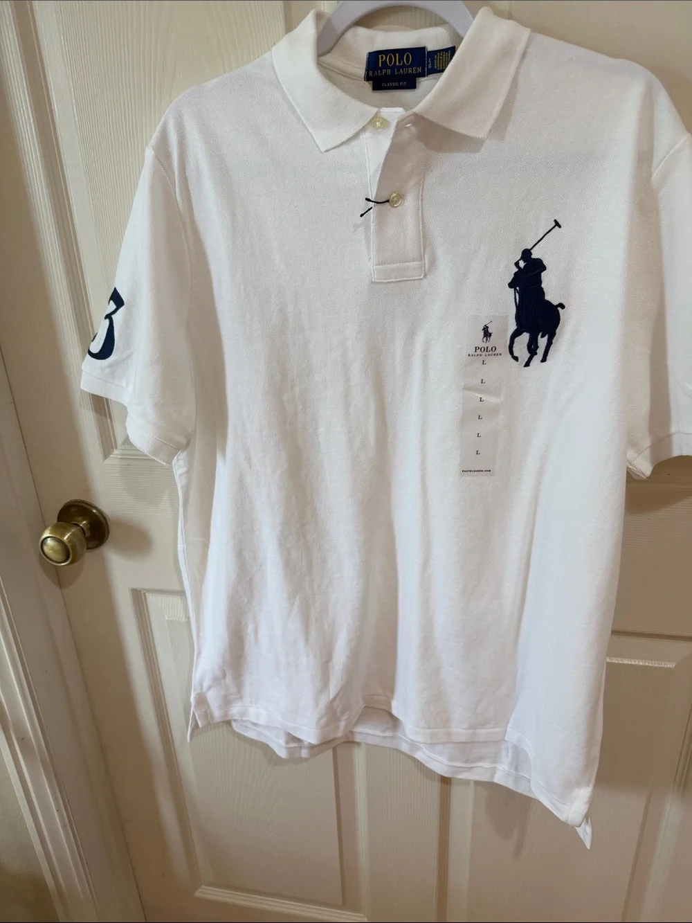 Ralph Lauren Men’s White Polo with Large Navy Logo Sz L.  New. Box23